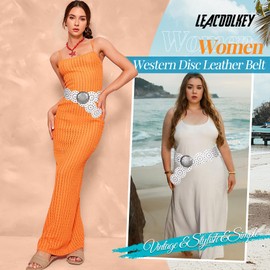 LEACOOLKEY Women Wide Concho Leather Belts Western Disc Waist Belts Ladies Western Belt Boho Disk Concho Belt for Dress