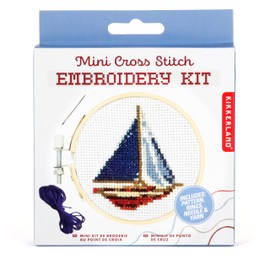 Kikkerland DIY Mini Cross Stitch Sailboat Embroidery Craft Starter Kit Set, with Pattern Instructions, 3" Bamboo Hoop, Stress Relief, Adult Beginner Friendly