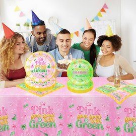 41pcs Witch Birthday Party Decorations Tableware Happy Birthday Party Supplies Include 10pcs Pink Plates,10pcs Green Plates,20pcs Napkins and 1pcs Waterproof Tablecloth