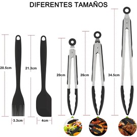 Juego De 5 Pinzas Para Cocina Silicona De Acero Inoxidable y Cepillo para Parrilla, Tenazas con Puntas de Antiadherentes, Alta Resistencia al Calor para Cocinar, Servir, Ensalada