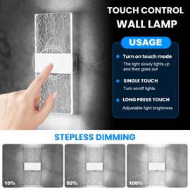 BoBoPai USB Rechargeable Battery Powered Wall Sconces, Cordless Touch Control Wall Lamp with Switch, 2 Modes，6500K Dimmable Indoor LED Wall Light, Cold White Light, 3W, 4000mAh, 2 Pack