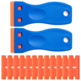 2 Pcs Plastic Razor Blade Scraper and 12 Pcs Blades, Remove Label Decal Tool,Forwithout Scratches Plastic Razor Blade Scraper, Adhesive Remover for Kitchen Appliances,Stickers and Paints on Window