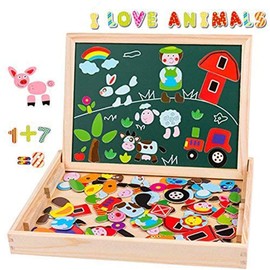 Uping magnetisches Holzpuzzle Staffelei doppelseitige Tafel Holzbrett Doodle 155 Stücke für Kinder ab 3 Jahre Bauernhof