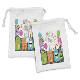Ambesonne Birthday Party Fabric Pouch Set of 2, Little Monsters the Celebration Cones Rain and Balloons Image, Small Drawstring Bag for Toiletries Masks and Favors, 9" x 6", Multicolor