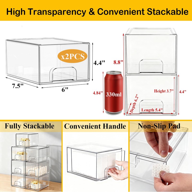 Qeosvve 6 Pack Clear Stackable Storage Drawers & Qtip Holder