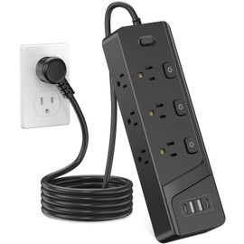 HITRENDS Power Strip with 6 AC Outlets and 4 USB Ports (2 USB-A & 2 USB-C), Dual Control Switches, 6 Ft Flat Plug Extension Cord with Multiple Outlets, Overload Protection, 10A/1250W, Black