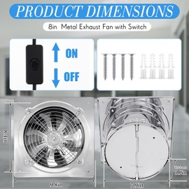 Yaocom 8 Inch Exhaust Fan 576 CFM Kitchen Exhaust Fan with Switch Small Exhaust Fan Bathroom Potable Plug in Garage Exhaust Fan with Damper for Shop, Smoking Room, Industrial Ventilation Use, Silver