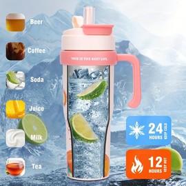 FLYING APSARAS 40 ounce 1.18-liter large capacity insulated drum, insulated straw cup with handle, stainless steel vacuum travel cup, large beverage bottle for water, iced coffee or tea (FA-776-1)