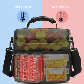 FlowFly Insulated Lunch Bag Adult Lunch Box Large Tote Double Layer Cooler for Men, Women, with Adjustable Strap,Front Pocket and Mesh Side Pockets,Army Green