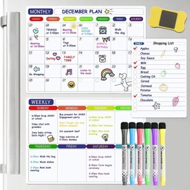 Calendario Magnético para Refrigerador, Pizarron Organizacion 2 Planificador Mensual Semanal con 1 Pizarrón Blanco, Pizarra Magnetica Flexible de Nevera con 6 Plumones y Borrador para notas diario menu semanal magnetico