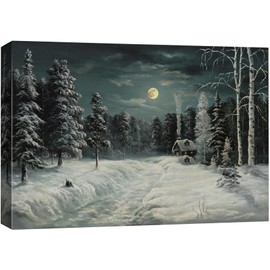 SIGNFORD Canvas Print Wall Art Winter Night Forest Snowy Cabin under Full Moon Nature Wilderness Photography Realism Decorative Landscape Relax/Calm for Living Room, Bedroom, Office - 24"x36"