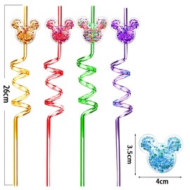 Reusable Spiral Straws with Cartoon Mouse Ears – Set of 8 Twisty Red & Black Drink Straws – BPA-Free Durable Plastic for Party Decorations, Smoothie, Juice, Milkshake, Themed Events & Favors