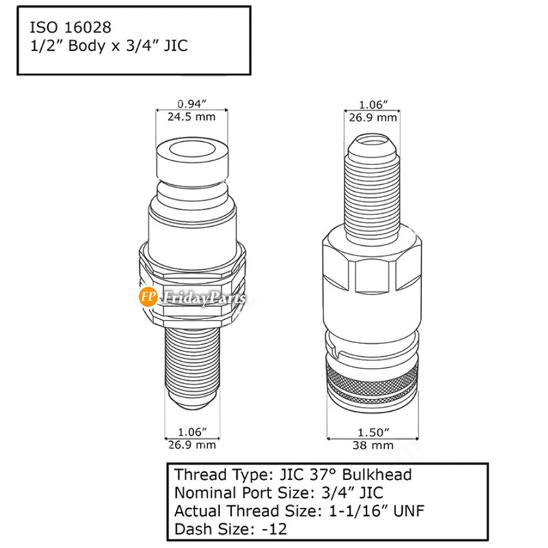 FridayParts #12 JIC Flat Face Hydraulic Quick Connect Coupler Compatible