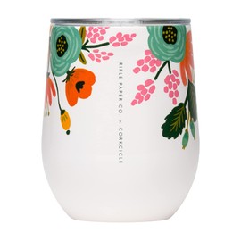 Corkcicle Rifle Paper Co. Stemless Wine Glass Tumbler with Lid, Insulated Travel Cup, Gloss Cream Lively Floral, 12 oz