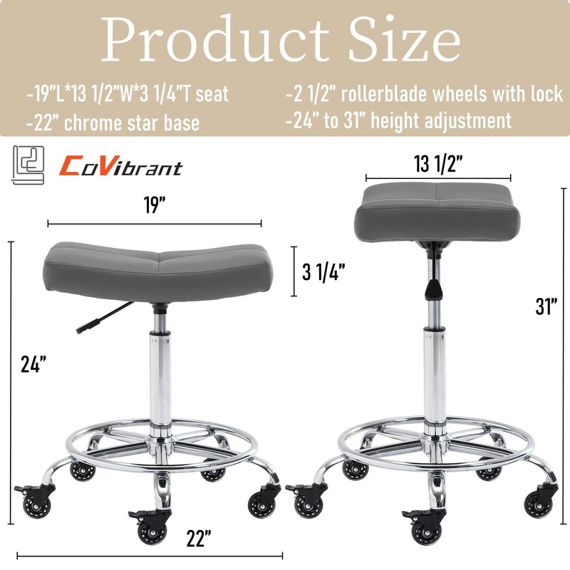 CoVibrant Wide Rolling Stool with Lockable Rubber Wheels & Footrest
