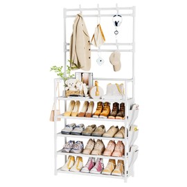 OYREL Shoe Rack 5 Tier Shoe Organizer Storage 15-20 Pairs Shoes Rack for Closet Entrance Shoe Rack Organizer with Hooks and Side Pocket Entryway Shoe Holder Space Saving Free Standing Shoe Racks