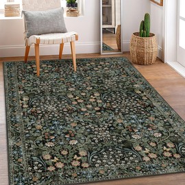 MUJOO 3x5 Rug Washable,Floral Area Rug for Bedroom Office Entryway Living Room Bedside,Small Throw Carpet Boho Non Slip Indoor Floor Botanical Vintage Ultra-Thin Black and Green