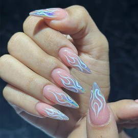 CJDLTS Blue Flame Press on Nails Medium Almond Shaped Glitter Powder Design Glitter False Nails Full Cover Artificial Coffin Nails Reusable Glue on Nail for Women Manicure Decoration 24Pcs