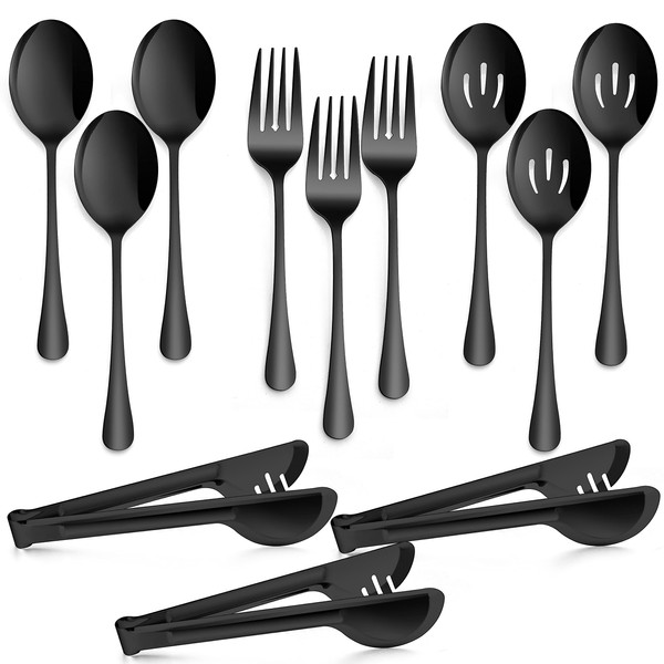 Large Black Serving Utensils Set of 12, E-far Stainless Steel