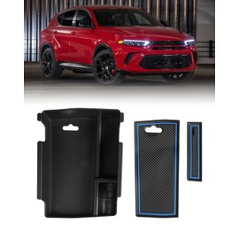 FIILINES Center Console Organizer for Dodge Hornet 2023 2024, Jeep Compass 2022-2024 Armrest Storage Box Accessories with Blue and Black Mats Black