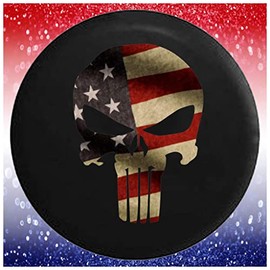 Spare Tire Cover - Tire Accessories for SUV's, Campers, RV's, Trucks, and More | Vintage American Flag Patriot Skull Black 35 Inch