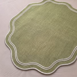 Breling 6 Pcs Sage Green Wedding Placemats Scalloped Embroidered Cotton Linen Placemats 17" x 13" Double Layered Machine Washable Table Place Mat for Party Table Decor (Cotton)