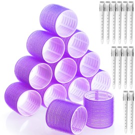 Acejoz Jumbo Hair Curlers Rollers, 12Pcs Hair Roller Curlers Self Grip Holding Rollers with12 Stainless Steel Duckbill Clips for Long Hair Volume (Purple)