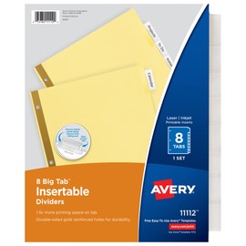 Avery 8-Tab Binder Dividers, Insertable Clear Big Tabs, 1 Set (11112)