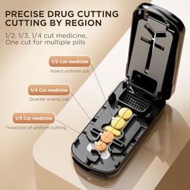 Pill Cutter Splitter for Small and Tiny Pills, 1/2 1/3 1/4 Pill Splitter for Small Pills,Vitamins, Tablets in Half or Quarters, Accurate and Easy Cutting, Stainless Steel Blade, Back Storage (Black)
