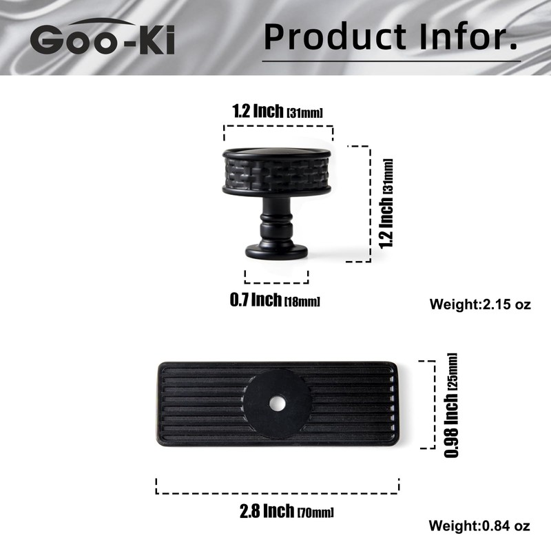 Goo-Ki 6 Pack Matte Black Cabinet Knobs with Back/Base Plate