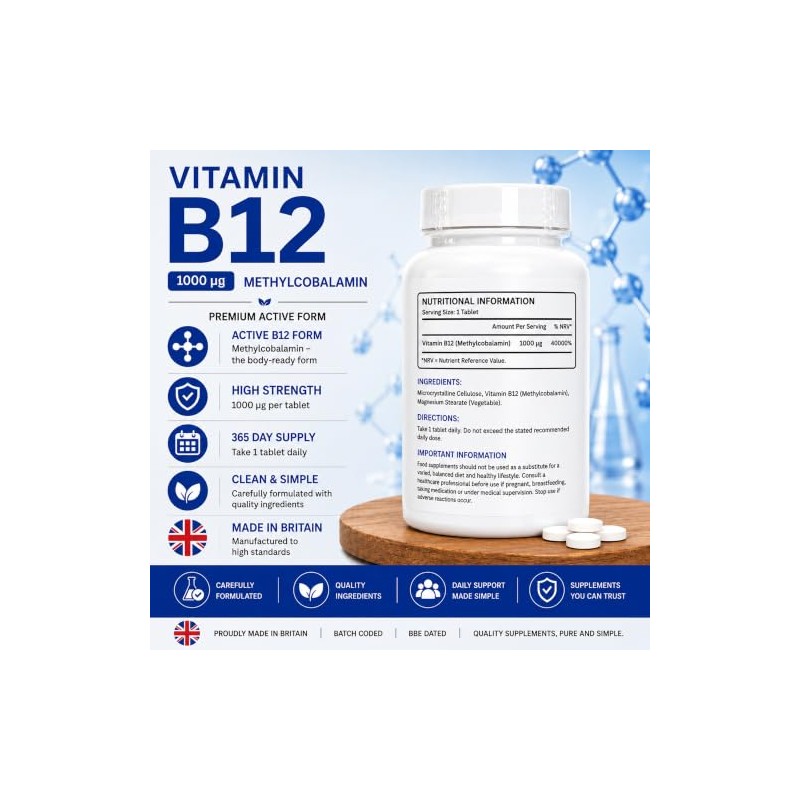 Vitamin B12 Methylcobalamin 1000mcg - 365 Vegan Tablets - SMUG
