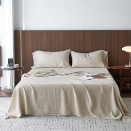 Simple&Opulence 100% Washed Linen Sheet Set-Natural French Flax Bed Sheet-4 Pcs Breathable,Ultra Soft Bedding (1 Flat Sheet,1 Fitted Sheet,2 Pillowcases) with Hollow Hemstitch-Knot Linen,King