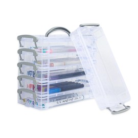 Kaizuca Pack of 6 Stackable Transparent Pen Box, Office Supplies, Storage Desk Organiser, Stationery, Colouring Pens, Watercolour Pens, Drawing Storage Box with Lid