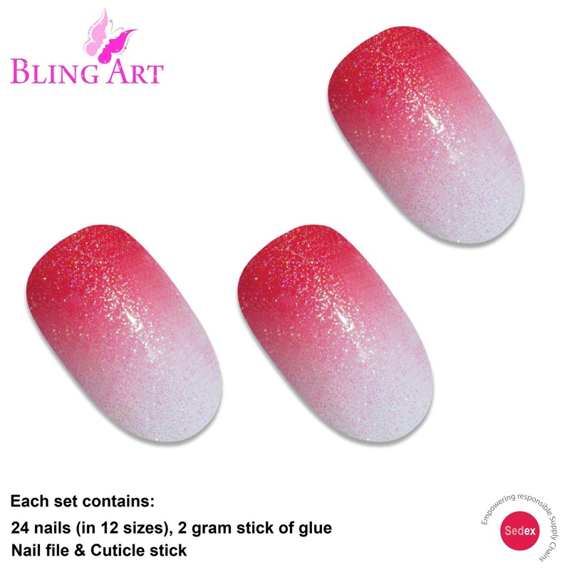 False Nails Bling Art Red Gel Ombre Oval 24 False