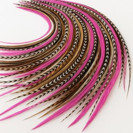 25 Feather Hair Extension Kit 7"-13" long – 100% Real Rooster Feathers – Long, Natural Strands by Sexy Sparkles (Browns & Pink)