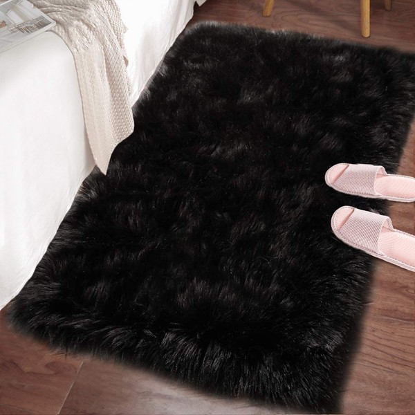 LOCHAS Ultra Soft Fluffy Rugs Faux Fur Sheepskin Area Rug for Bedroom Bedside Living Room Carpet Nursery Washable Floor Mat, 2x3 Feet Black