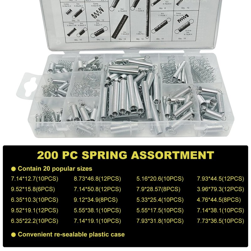 200PCS Compression Springs Assorted – 20 Sizes Spring Steel Set