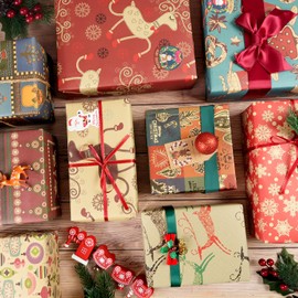 Christmas Wrapping Paper, 12 Sheets Christmas Paper Set with Stickers and Gift Tags, Kraft Paper, Recycled Christmas Wrapping Paper for Children and Adults, 50 x 70 cm