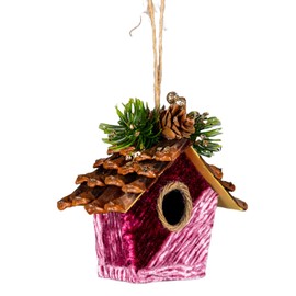 Pink Burgundy Birdhouse 10x11cm - Christmas Tree Hanging Decorations Festive Decorative Ornaments Fairy Tale Themed Xmas Tree Pendant