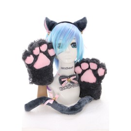 C-20-2 Grey Cat Paw Gloves Tail Collar Ears Headband Set 5-Piece Lolita Maid Cosplay