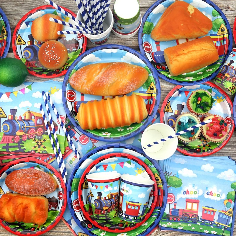 Train Party Decorations , Includes Plates, Straws, Napkins, Cups, Tablecloths,