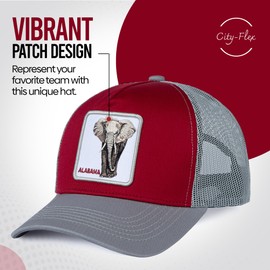 City-Flex Alabama College Fan Patch Trucker Hat - Netted Snapback Baseball Cap with Collage Team Design for Men & Women (Red/Grey - Elephant)