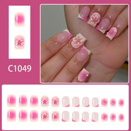 Vopintpy 3D Flower French Tip Press on Nails Blush Gradient Fake Nails Cute Short Square Acrylic Glue on Nail Glossy Full Cover Artificial Stick on Nail for Women DIY Manicure