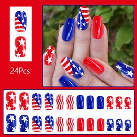 24 Pcs Independence Day Press on Nails Medium Coffin Fake Nails Glossy Red Blue American Flag Glue on Nails 4th of July Patriotic False Nails with Star Design Acrylic Artificial Nails for Women Girls