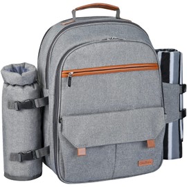 Sunflora Insulated Picnic Backpack for 2 Person Bag with Cooler Compartment, Wine Pouch, Blanket and Stainless Steel Cutlery Set for Couple, Lovers and Friends (Grey)