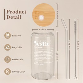 SANDJEST Best Friend Glass Bottle, Besties Definition Glass Cup with Lid & Straw, Iced Coffee Aesthetic Glass Can, Gift for Christmas Birthday Mother Day, Gifts for Women Friends Sisters, 16oz