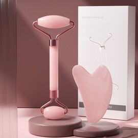 Rose Quartz Gua Sha Massage Heart Roller Facial Massage Set - Gua Sha Roller Set / 로즈쿼츠 괄사 마사지 하트 롤러 얼굴 마사지 세트 - 괄사롤러세트