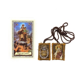 GCK Virgen del Carmen Tarjeta de Oracion Laminada con Escapulario Our Lady of Mount Carmel Prayer Card Spanish Scapular Set