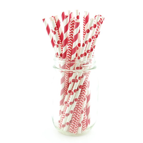 Red Christmas Straws, Christmas Party Supplies, Red and White Drinking and Decoration Straws, Tall Paper Straws (75 Pack) - Holiday Red Striped, Polka Dot & Chevron Straws
