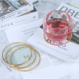 Glass Gold Coasters Set of 4, Round Cup Coaster Set with Carved Glass Stylish for Coffee Tea Wine Coasters for Bar Drink with Brass Edge Coasters Home Decor